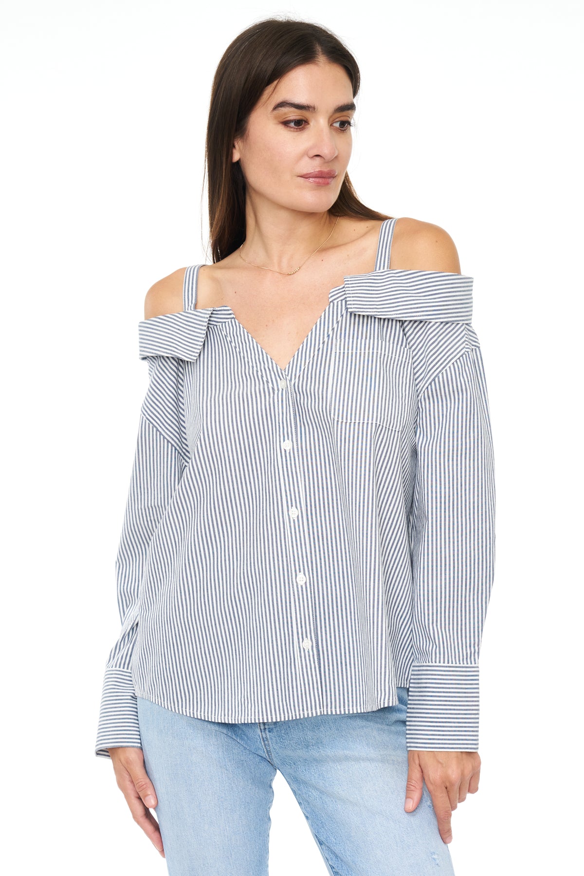 Baker Long Sleeve Off Shoulder Button Down - Sea Stripe
            
              Sale